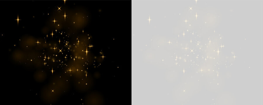 Clusters of golden star-shaped sparkles float on a dark background. The stars vary in brightness and size, forming a dense scattered pattern. This glowing effect is ideal for festive and.