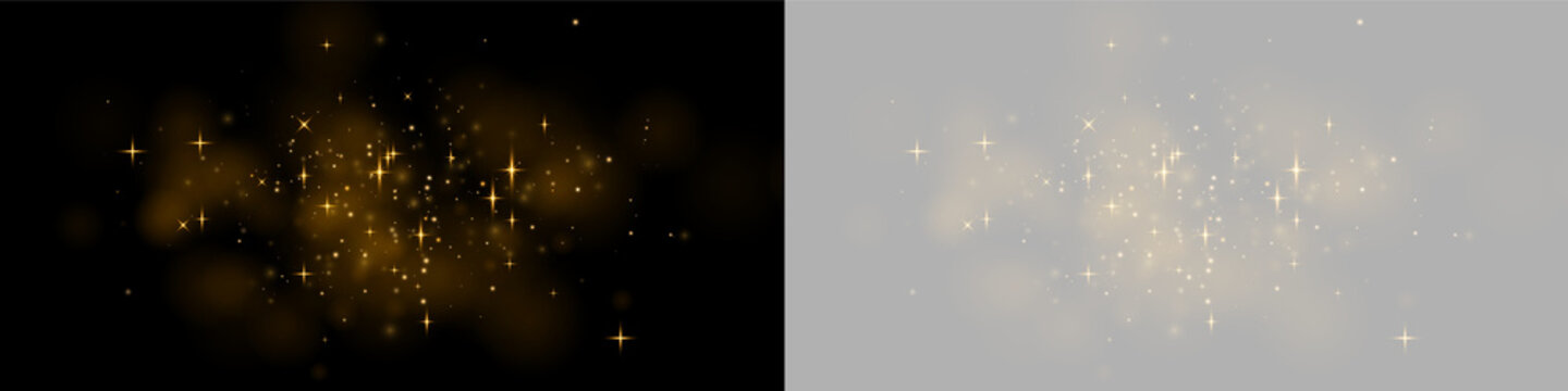 Golden sparkles scatter across a dark background in dense formations. The scattered light glows with a warm, soft intensity and subtle halo effects. This starry pattern creates a magical.