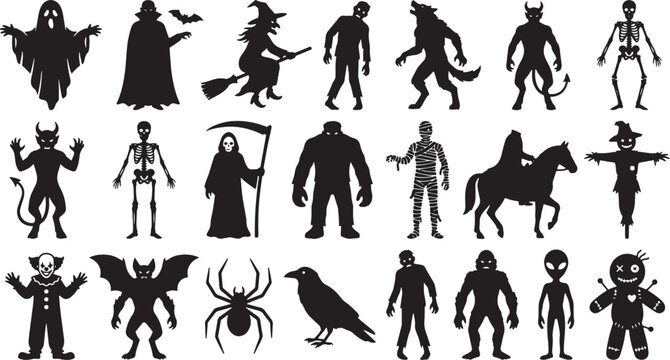 Halloween monster silhouette vector collection with zombies vampires and demons