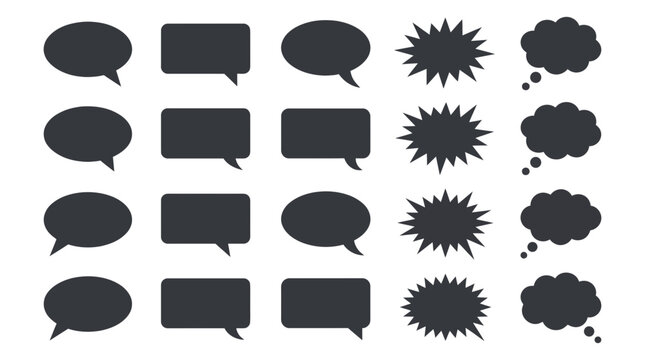 Collection of flat black speech bubbles and thought clouds in a professional vector graphic illustration design