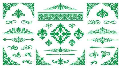 Green floral fleur de lis ornaments and decorative dividers vector set. © MOSTMONIRA