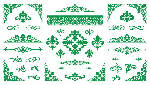 Green floral fleur de lis ornaments and decorative dividers vector set.