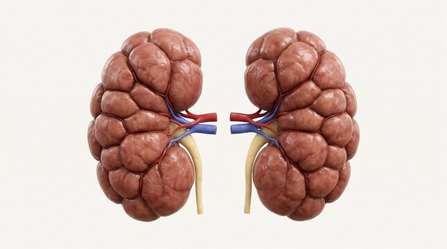 Scientific 3D rendering of bovine cow organ kidneys showing detailed internal anatomy with renal arteries and veins on neutral background