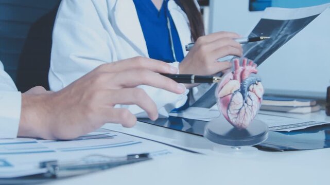 Doctor holding and pointing to an anatomical model of human lungs in a clinical office setting