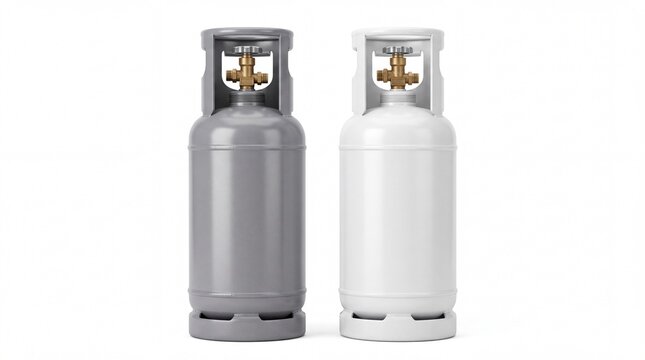 Industrial propane gas cylinders featuring metallic gray and clean white finishes standing side by side isolated on white background