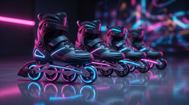 Modern inline skates with neon glowing lights in a dark futuristic studio