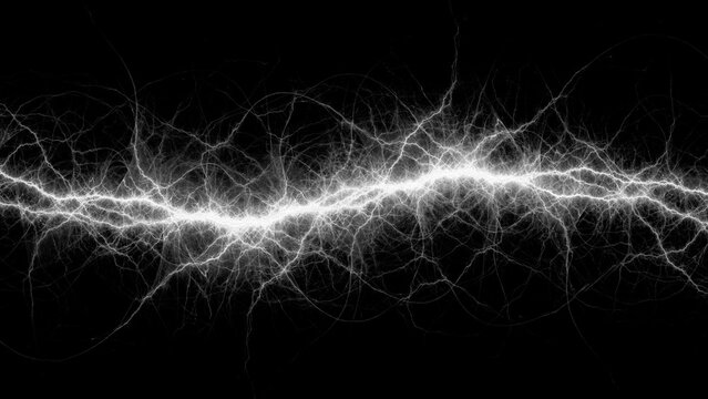 Electrical discharge spark effect with white lightning bolt on black background