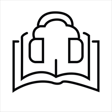 audiobook line icon, ebook symbol, open book with headphones outline, digital reading illustration, audiobook service sign