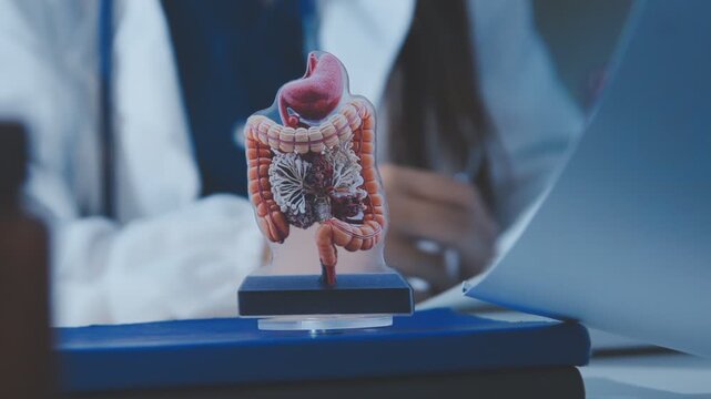 Doctor holding and pointing to an anatomical model of human lungs in a clinical office setting