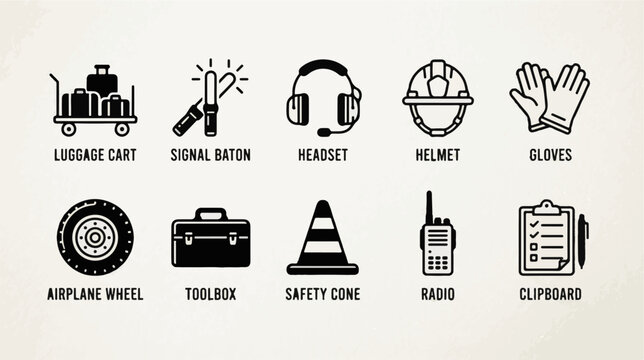 Black Airport Ground Crew vector pictogram set for aircraft maintenance and airport work with modern professional themes for websites mobile apps branding infographics presentations and print design