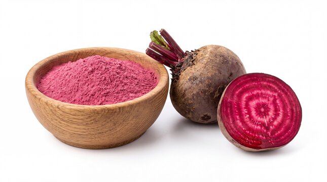 Organic beetroot powder inside a rustic wooden bowl placed beside fresh whole and sliced root vegetables on white background