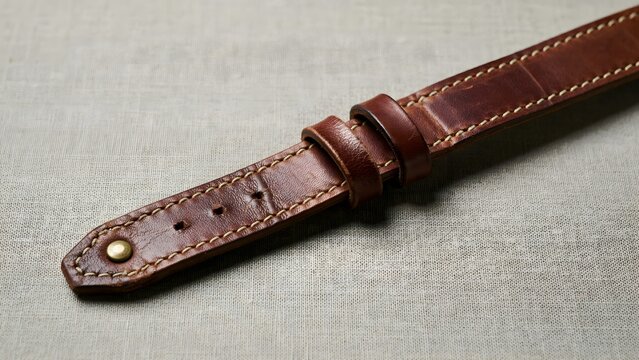 Close-up of brown leather watch strap with stitching and buckle detail