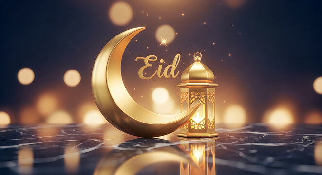 Golden eid crescent moon and lantern with bokeh lights