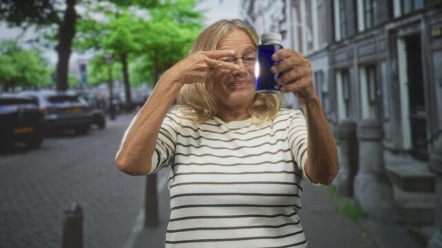 Senior blonde woman holding blue pill bottle, raising arm with hand near eye on cobbled street; confidence selfcare.
