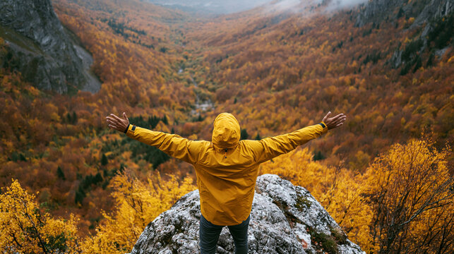 Adventurer in a bright yellow jacket stands atop a rocky mountain overlooking an autumn forest landscape