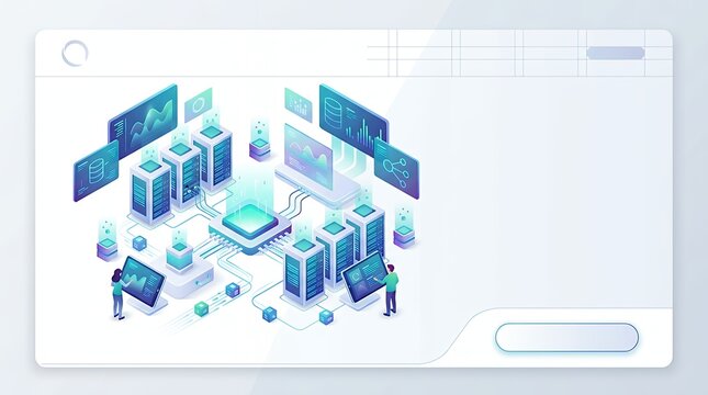 Modern and clean landing page design for a website promoting computer database processing. Isometric illustration style suitable for a promotion poster flyer or brochure concept highlighting data