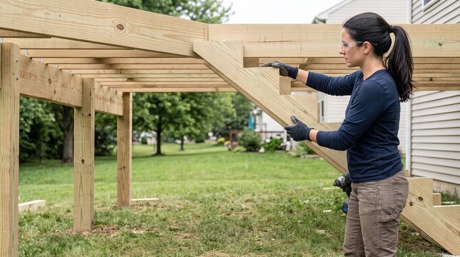 Deck builder fitting stair stringer to new framing, professional deck stair construction, residential outdoor renovation and precision carpentry service