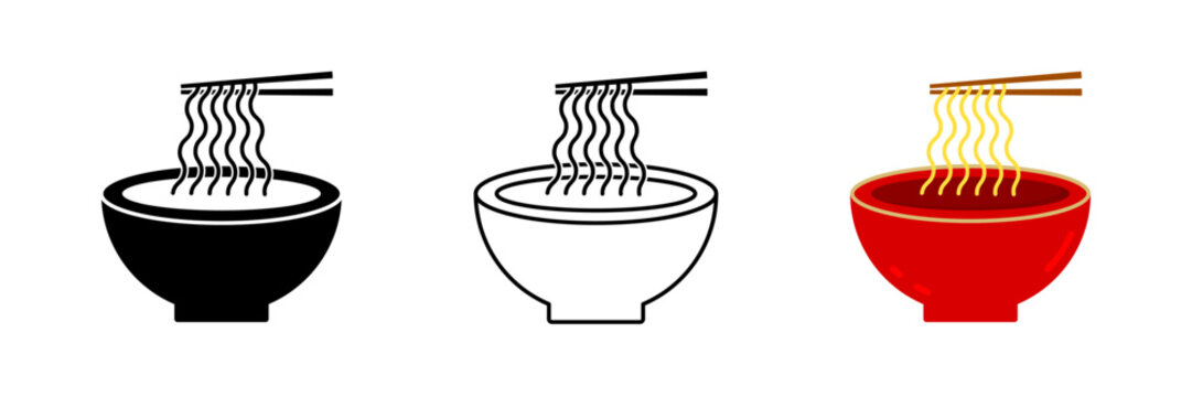 Japanese Ramen Noodle Bowl Icon Set for Asian Food Menu and Restaurant Logo Concept. Vector Illustration