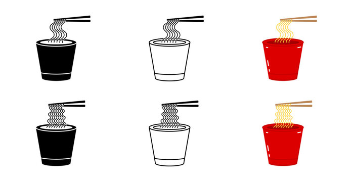 Instant Noodle Cup Icon Set Isolated on Transparent Background. Asian Food. Vector Illustration