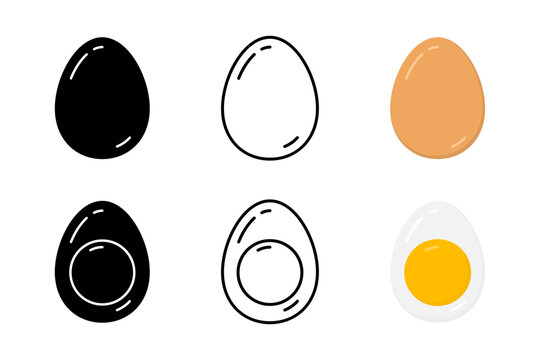 Hard Boiled Egg Icon Set with Slices for Healthy Breakfast Food Menu and Protein Nutrition Concept. Vector Illustration