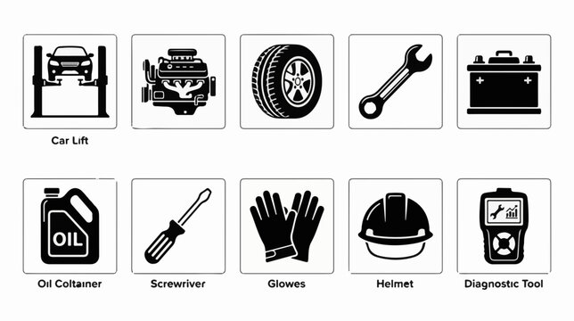 Automotive Technician professional icon set for vehicle repair and automotive service with useful service symbols for web apps business branding presentations infographics marketing and print design