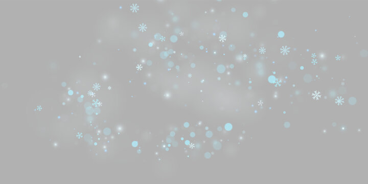 Blue snowflakes scatter across a dark background as glowing bokeh dots float softly. The scene features small and large circular shapes with gentle light halos.