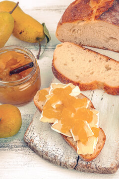 Homemade pear jam, confiture, marmalade. Sweet dessert, preserve food. Ripe farm fruits