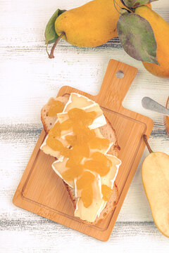 Homemade pear jam, confiture, marmalade. Sweet dessert, preserve food. Ripe farm fruits