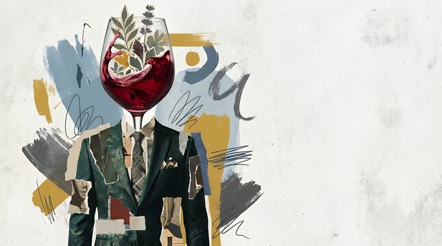 Creative contemporary art collage poster featuring a boldly dressed figure in a green suit with a wine glass as its head. Abstract concept transforming wine into a personality trait symbolizing party