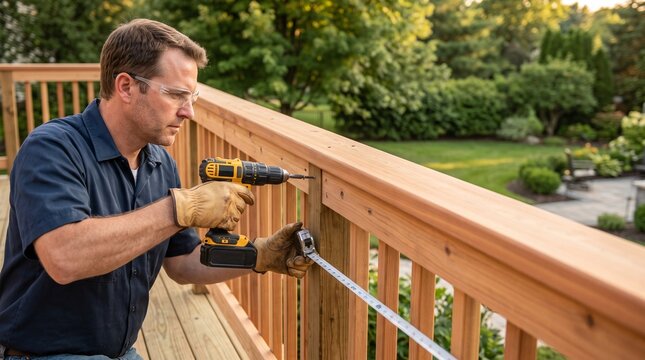 Deck carpenter installing smooth railing cap board, professional finish carpentry, custom residential deck construction and premium backyard renovation service