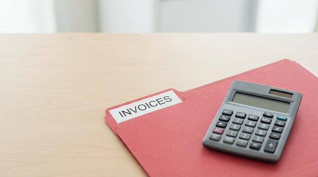 Red File Folder Labeled Invoices with Calculator on Top Red File Folder Document Organizer Office Stationery Supply Label Tag Inscription Word Text Invoices Billing Accounting Finance Financial