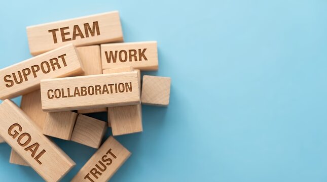 Teamwork Related Words on Wooden Blocks Against Blue Background Teamwork Collaboration Cooperation Partnership Alliance Union Joint Combined Collective Group Team Together Unity Solidarity Synergy