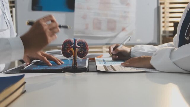 Doctor holding and pointing to an anatomical model of human lungs in a clinical office setting