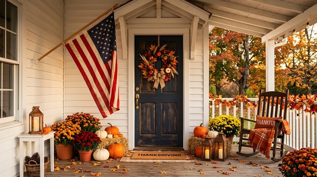 A warm and inviting autumnal porch scene decorated for the thanksgiving holiday showcases the beauty of fall colors and a welcoming atmosphere
