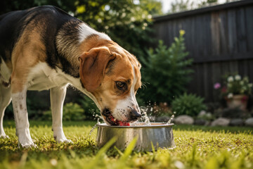 Fototapeta premium Dog drinking water from metal bowl in backyard, pet hydration and thirst