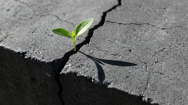 Small green sprout growing through crack in dry, dark soil. Hope, resilience.