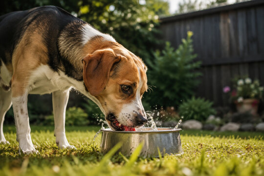 Dog drinking water from metal bowl in backyard, pet hydration and thirst