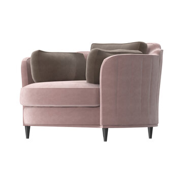 Plush pink armchair with two comfortable throw pillows on a white background