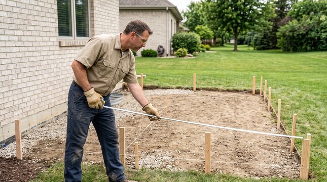 Patio contractor measuring backyard layout before construction, professional site planning, residential hardscape design and outdoor renovation preparation