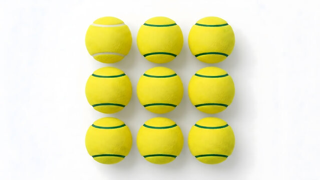 A top down view of nine bright yellow tennis balls arranged in a perfect square grid pattern isolated on a white background