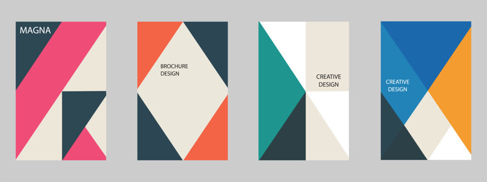 Retro geometric polygon poster templates set. Vector illustration of abstract angular colorful block layout collection with triangles, diamonds, and flat geometric shapes for brochure cover mockup.