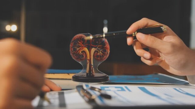 Doctor holding and pointing to an anatomical model of human lungs in a clinical office setting