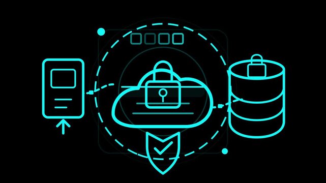 A comprehensive digital security infographic visualizing encrypted cloud storage connectivity and secure database information transmission flow