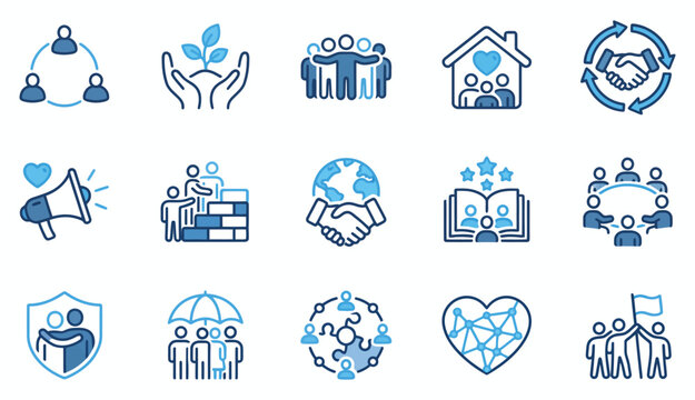 Corporate social responsibility and community teamwork vector icons set illustrating charity collaboration and support with social care
