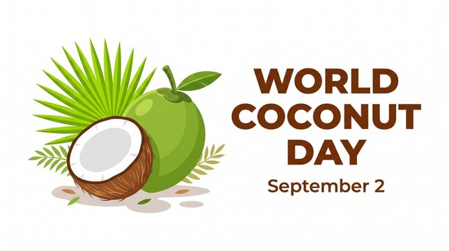 World coconut day illustration with green coconut and leaves