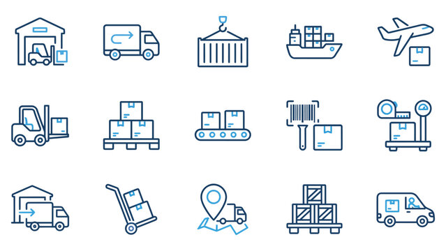Logistics and shipping icons set outline blue color transport delivery with shipping symbols delivery signs cargo symbols warehouse ico