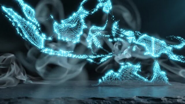 Glowing digital map of indonesia constructed with blue particle network lines