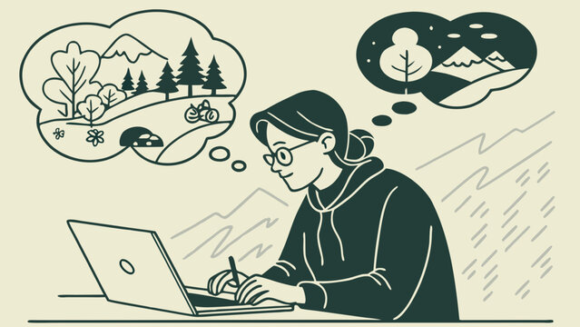 Woman working on laptop with thought bubbles showing nature and travel, concept of remote work, planning, dreams and work life balance