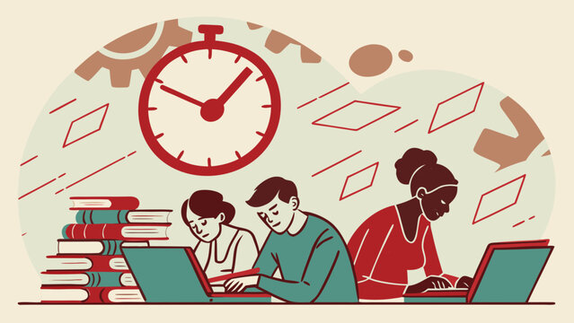 Students studying together with books and laptop under clock, concept of education, teamwork, learning and time management