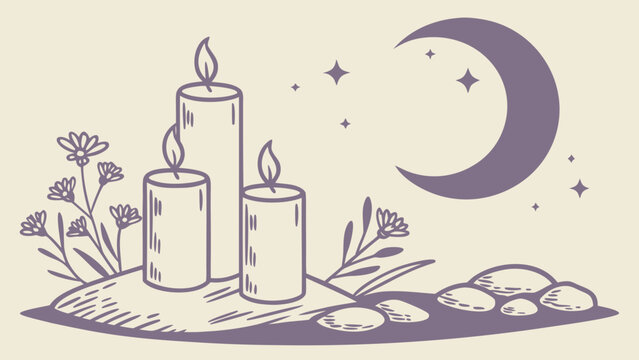 Three candles with crescent moon, stars, flowers and crystals, concept of meditation, spirituality, relaxation and peaceful evening ritual